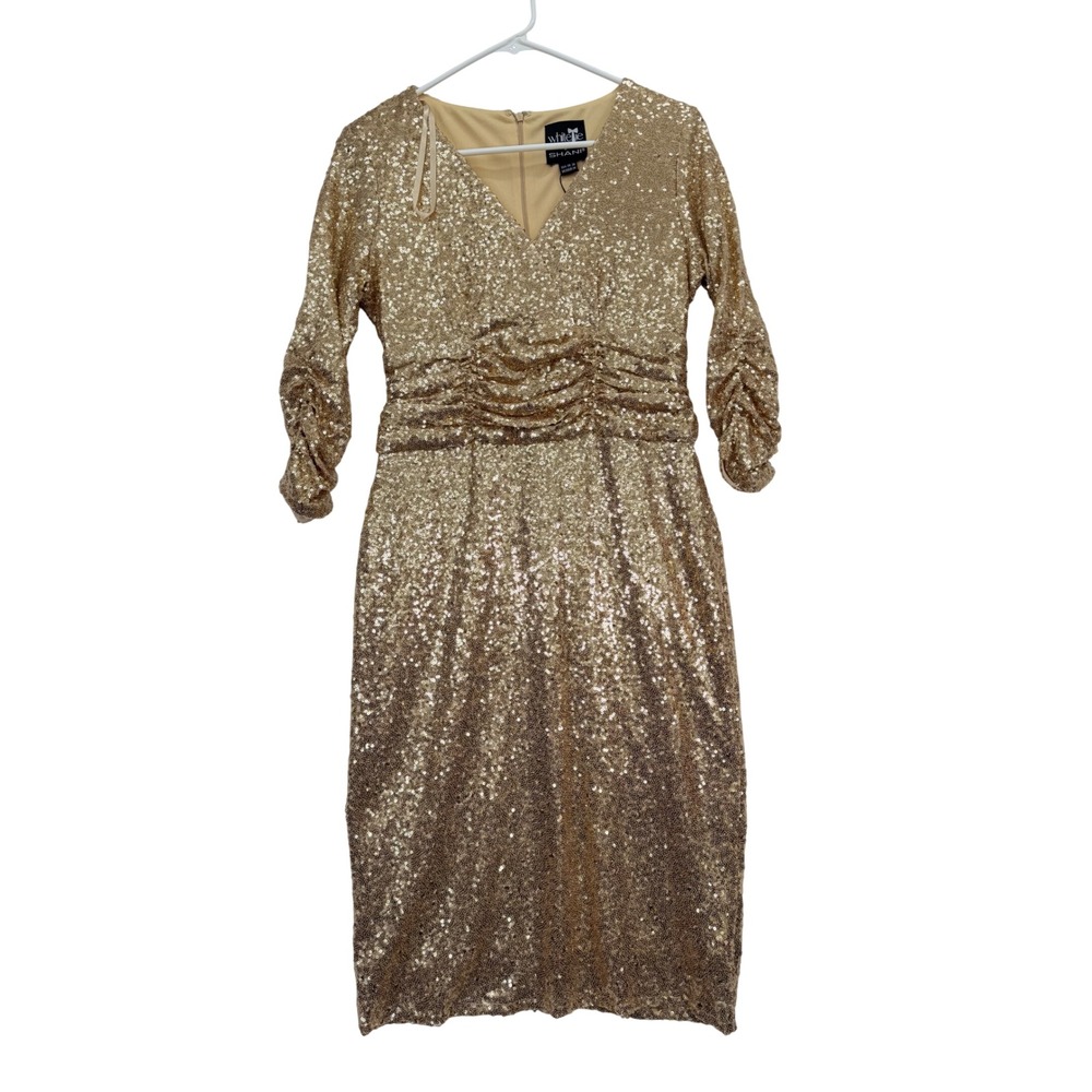 White Tie by Shani Sequin Dress Women 4 NEW Gold V-Neck Ruched MSRP $149
